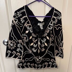 Lauren Michelle Black Top with White Embroidery